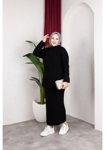 Hira Life Fashion Kadın Bel Lastikli Kolu Katlı Ve Kalem Etek İle Tunik Triko İkili Alt-üst Takım Siyah Siyah Hira Life Fashion Kadın Bel Lastikli Kolu Katlı Ve Kalem Etek İle Tunik Triko İkili Alt-üst Takım Siyah Siyah