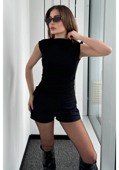 Bb Butik Basic Yan Ve Omuz Büzgülü Bluz siyah