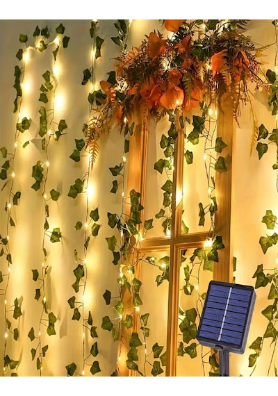 Yapay Yaprak Sarmaşık Led Güneş Enerjili 5 Metre Solar Aydınlatma 50 Ledli Bahçe Balkon Dekorasyon Yeşil