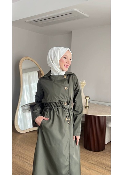 Esra Butik78 Kadın Düğmeli Trençkot Kendi Kumaşından Kemerli Model Haki