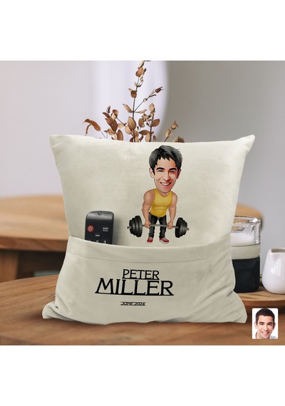 Bk Gift Kişiye Özel Halterci Karikatür Tasarımlı Organizer Kumanda Ve Atıştırmalık Cepli Sarı Kırlent Yastık-1 Arkadaşa Hediye, Cepli Yastık