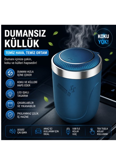 Araç İçi Dumansız Küllük Duman Emici Led Işıklı Kapaklı Koku Önleyici Oto Araba Küllüğü