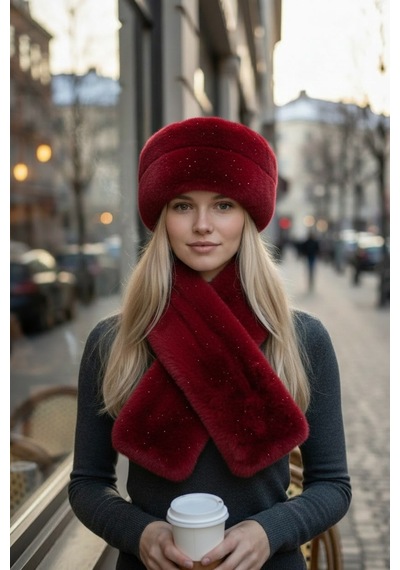 Givoria Kadın Kürklü Atkı Ve Kalpak Şapka Takımı Rus Slav Tarzı Kışlık Peluş Eskimo Set Bordo Bordo