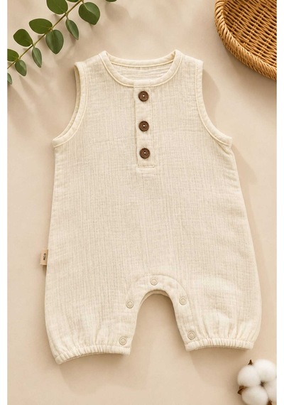 Bebek Tulumu 0-3 Ay %100 Pamuk Müslin Unisex Nefes Alan Yumuşak Yazlık Tulum Krem