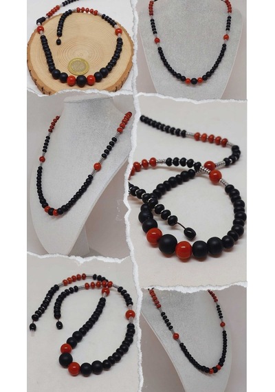 Kırmızı Jasper Taşı & Oniks Taşı Tasarım Unisex Kolye 54416