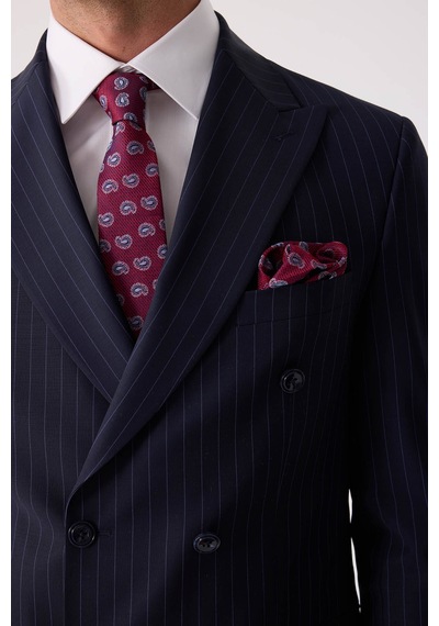 Erkek Lacivert Çizgili Slim Fit Kruvaze Takım Elbise