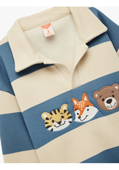 Koton Uzun Kollu Hayvanlar Baskılı Polo Yaka Sweatshirt Ekru Çizgili 6wmb10169tk Ekru Çizgili