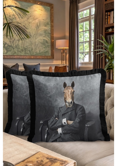 Avangart Portre Lüx Saçaklı Yastık Kılıfı-elegan Hayvan Figürü Gri Modern Püsküllü Kırlent Kılıfı Çok Renkli