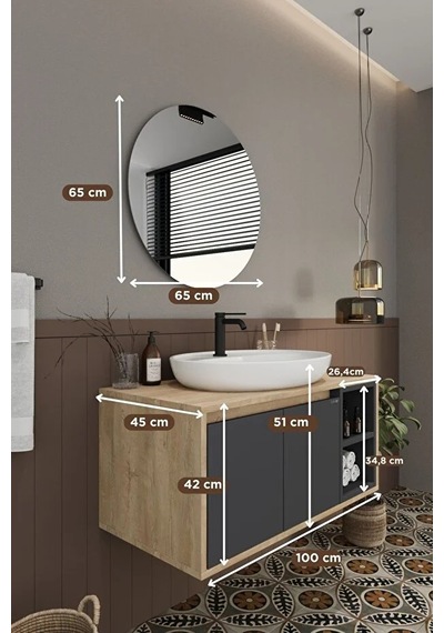 Gül 100 Cm %100 Mdf Lavabolu Banyo Dolabı Ayna Alt Dolap Lavabo Antrasit