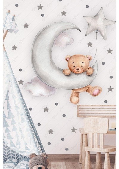 Ayda Sallanan Sevimli Ayıcık Puantiye Ve Yıldızlar Çocuk Bebek Odası Sticker Seti