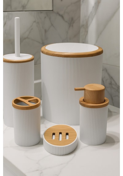 Makri Home Beyaz Bambu Desenli 5 Parça Banyo Seti Çöp Kovası, Wc Fırçalık, Sıvı Sabunluk, Diş Fırçalık,sabunluk