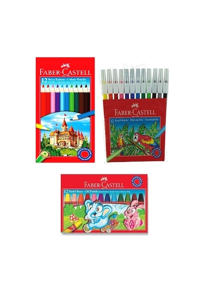 Faber Castell Kuru Boya 12 Li Tam Boy - Pastel Boya 12 Li - Keçeli Boya Kalemi 12 Li - 3lü Set 12renk
