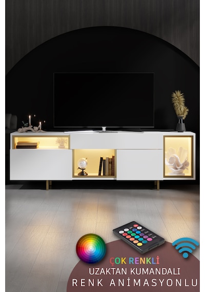 Norm Gold Demir Ayaklı Rgb Led Işık Sistemli Beyaz Tv Ünitesi Tv Sehpası Beyaz - Altın Norm Gold Demir Ayaklı Rgb Led Işık Sistemli Beyaz Tv Ünitesi Tv Sehpası Beyaz - Altın