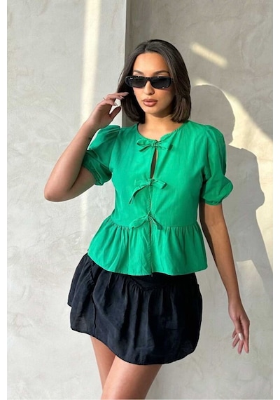 Verymoda Pembe Önden Bağlamalı Poplin Bluz D2699 ZÜMRÜT