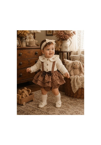 Ministok Mocha Bloom Yakası Nakış Detaylı Puantiyeli 2'li Kız Bebek Salope Kahverengi