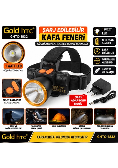 Süper Kaliteli Şarj Edilebilir Kafa Feneri 1 Watt Led Pili : 800 Mah Ghtc-1832 Siyah