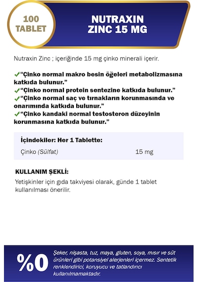 Nutraxin Zinc Sulphate 15 Mg Çinko Takviyesi 100 Tablet Ve Hücre Sağlığı İçin