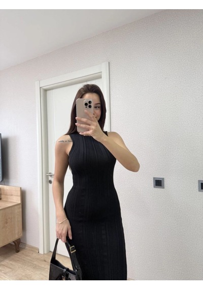 Mbb E-ticaret Kadın Fitilli Triko Elbise Kolsuz Sırtı Kapalı Maxi Uzun Boy - Siyah