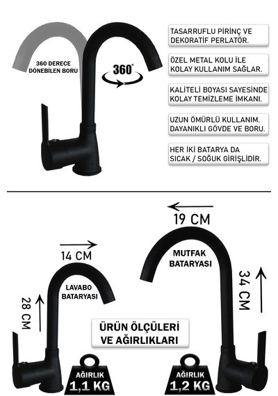 Lüks Mutfak Lavabo Banyo Bataryası Robot Duş Seti Aynalı Aksesuar Takımı Siyah Renk Siyah