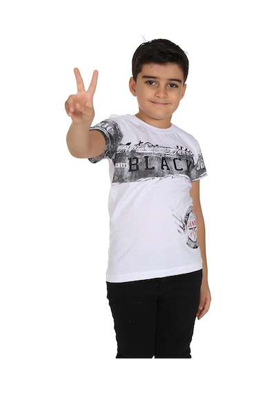 Toontoy Kids Toontoy Erkek Çocuk T-shirt Black Baskılı Beyaz