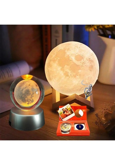 Kişiye Özel Fotoğraflı İstiridye İnci Kolye Seti - 3d Ay Lambası Ve Işıklı Cam Küre Hediye Seti