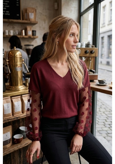 Armonika Kadın Bordo V Yaka Yarasa Kol Kolları Desenli Bluz Arm-26y001065 Armonika Kadın Bordo V Yaka Yarasa Kol Kolları Desenli Bluz Arm-26y001065