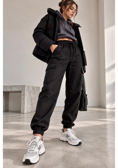 Bb Butik Basic Kadın Poliviskon Gabardin Cargo Jogger Pantolon Dm3535 siyah