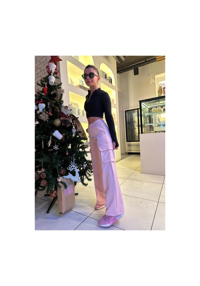 Winmoda34 Kadın Scuba Beli Lastikli Kargo Cepli Salaş Bol Paça Eşofman Altı Pembe