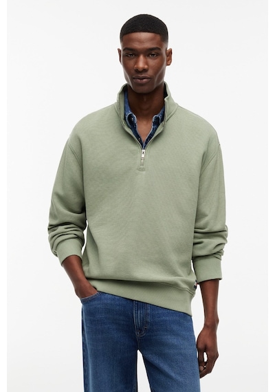 Tommy Hilfiger Relaxed Waffle Label Half Zip Erkek Yeşil Sweatshirt-16109