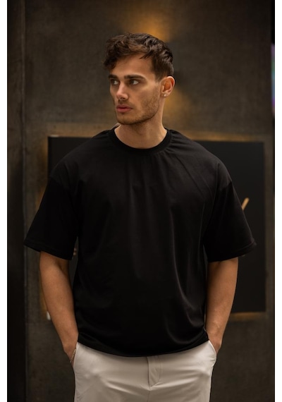 Gravel Oversize Bisiklet Yaka Pamuklu T-shirt - Siyah Siyah