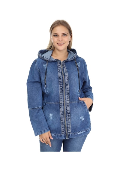 Mia Butik Büyük Beden Taşlı Mavi Kot Ceket-350 Mavi