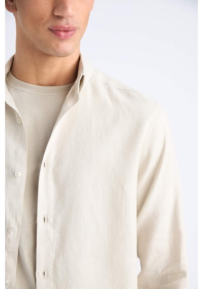 DeFacto %100 Keten Regular Fit Polo Yaka Yazlık Uzun Kollu Gömlek D9925AX25SPGR350