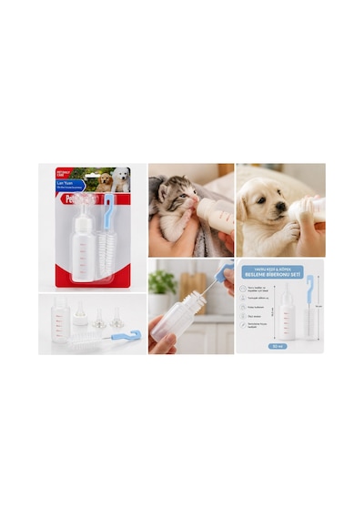 Yavru Kedi Ve Köpek Besleme Biberonu Seti 50 Ml 2 Silikon Emzik + Temizleme Fırçası - 1192648736609