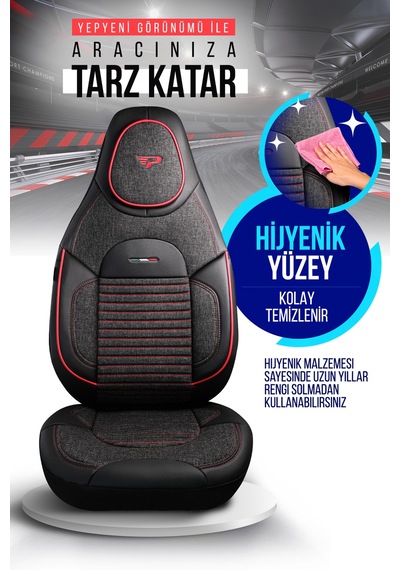 Füme - Kırmızı Panda Enzo Serisi Keten Kumaş Oto Koltuk Kılıfı - Tam Set