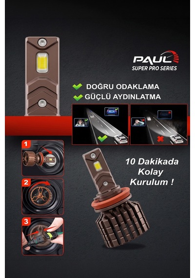 Paul Süper Pro H11-h8-h9-h16 24.000 Lümen Güç Şimşek Etkili Odaklı Ufuk Çizgili Csp Led