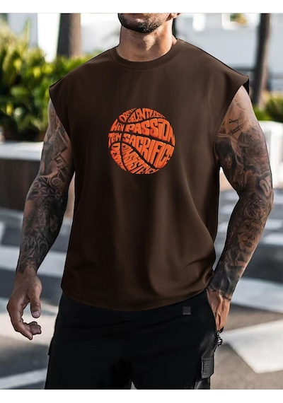 Baskılı Oversize Unisex Kolsuz Tişört Kahve2