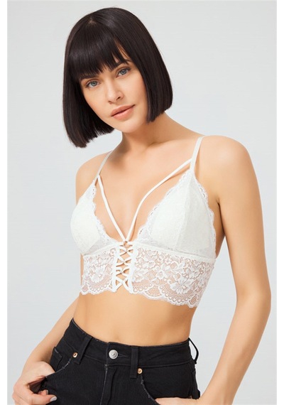 Cottonhill Krem Dantelli İnce Askılı Kaplı Üçgen Kadın Bralet Büstiyer Krem