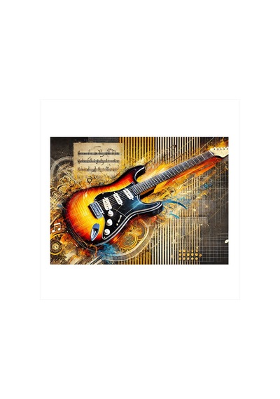 Klasik Elektro Gitar Çizimi Dekoratif Ahşap Tablo