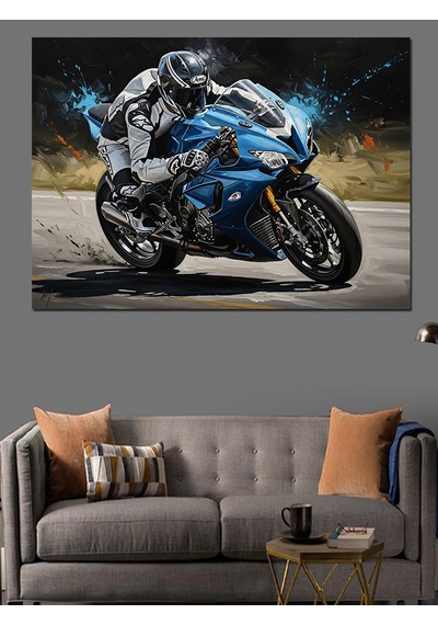 Gece Işıklı Hızlı Spor Motosiklet Dekoratif Kanvas - Mdf Ahşap Tablo