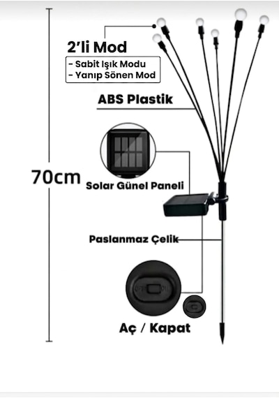 2 Adet Solar 6 Led'li Güneş Enerjili Ateş Böceği Bahçe Balkon Saksı Aydınlatması Lamba