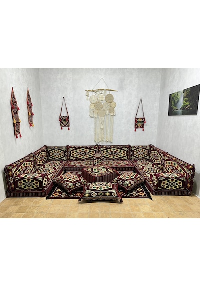 Coton Şark Köşesi Yörük Desen Minder Takımı Bordo 23 Parça