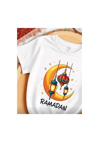 Stil X Ramazan Bayramı Baskılı Kız Çocuk Tshirt, %100 Pamuklu Kumaş Beyaz-3
