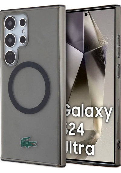 Galaxy Uyumlu S24 Ultra Kılıf Lacoste Lisanslı Magsafe Özellikli Transparan Timsah Logo Baskılı Kapak Siyah