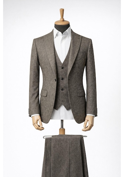 Erkek İtalyan Kesim Slim Fit Yelekli Takım Elbise Kahverengi