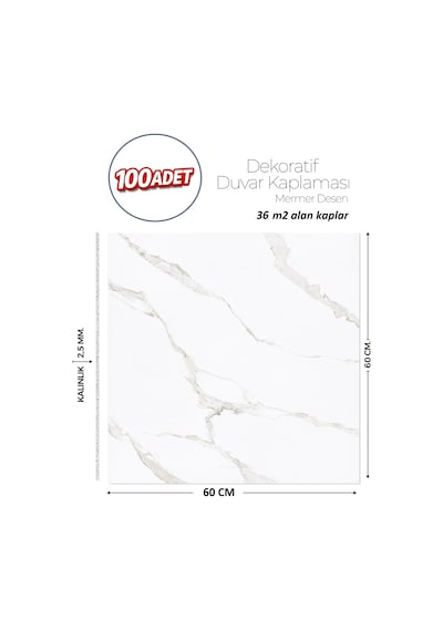 60x60 Cm Kendinden Yapışkanlı Duvar,banyo,tezgah Arası Beyaz Mermer-100 Adet 1091-60-100