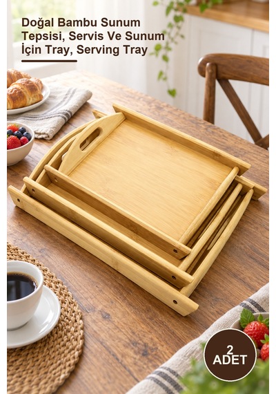 2 Adet Bambu Tepsi Doğal Bambu Sunum Tepsisi, Servis Ve Sunum İçin Tray, Serving Tray