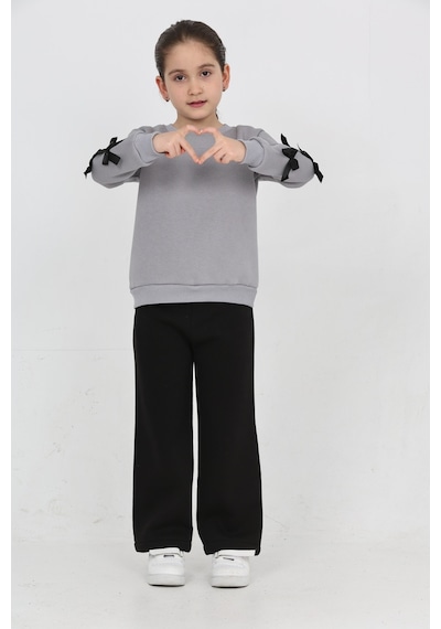 Erdem Kıds Kız Çocuk 3 İplik Şardonlu Kurdele Detaylı Basic Sweatshirt-bol Kesim Palazzo Eşofman Takım Gri-siyah Gri-siyah