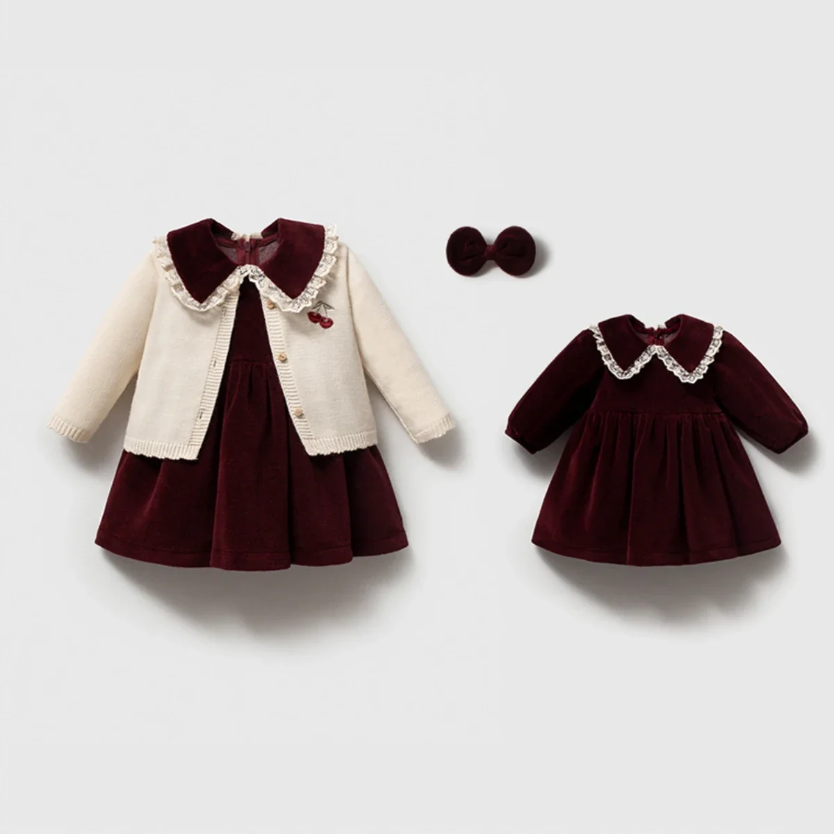 Momercy Kız Bebek Kadife Elbise Triko Hırka Bandana Kutulu Hediyelik 3lü Set Bordo