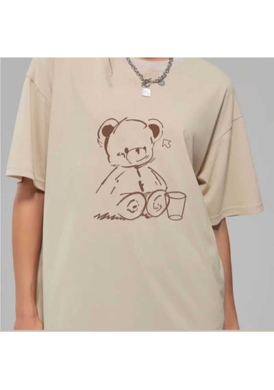 Noıssey Bej Ayıcık Baskılı Oversize Unisex Rakat Kalıp Trend