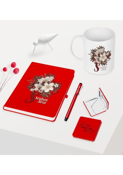 Kadınlar Gününe Özel Kırmızı Defter Kalem Kupa Ayna Seti - 17